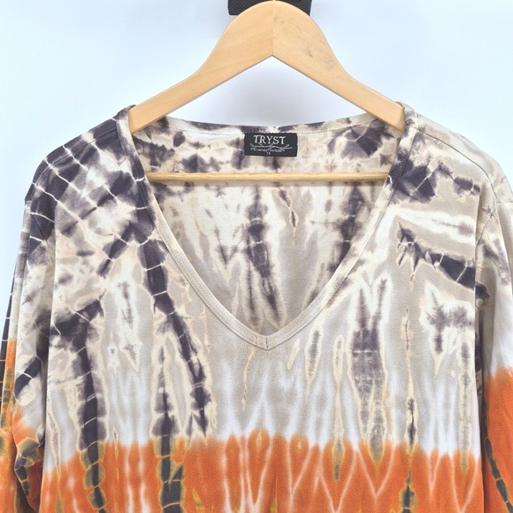 Vtg Y2K Tryst by Mathew 1X Tie Dye Cotton Top Long Sleeve Boho Hippie USA Brown - Picture 2 of 9